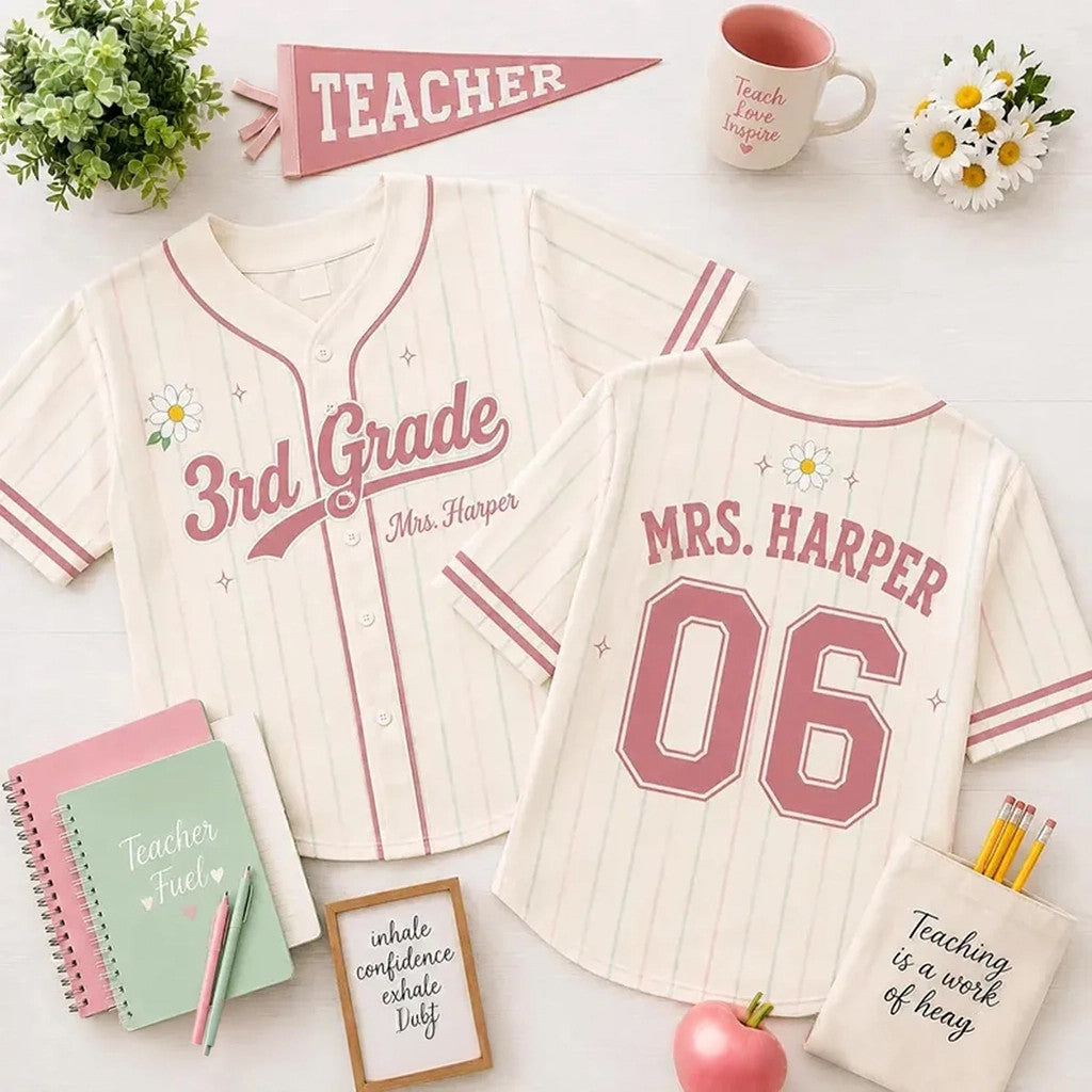 Custom 3rd Grade Teacher Floral And Stripes Baseball Jersey Back To School Shirt Teacher Merch - Merchluma