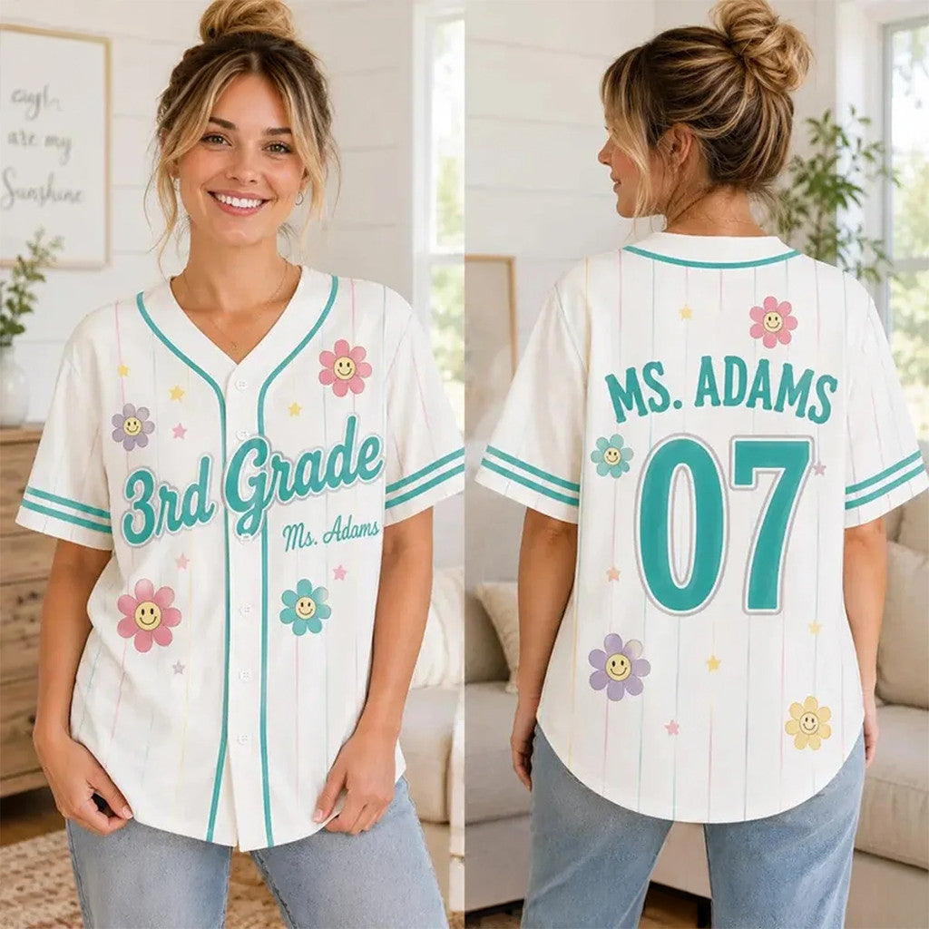Custom 3rd Grade Teacher Florals Baseball Jersey Back To School Shirt Teacher Apparel Women - Merchluma