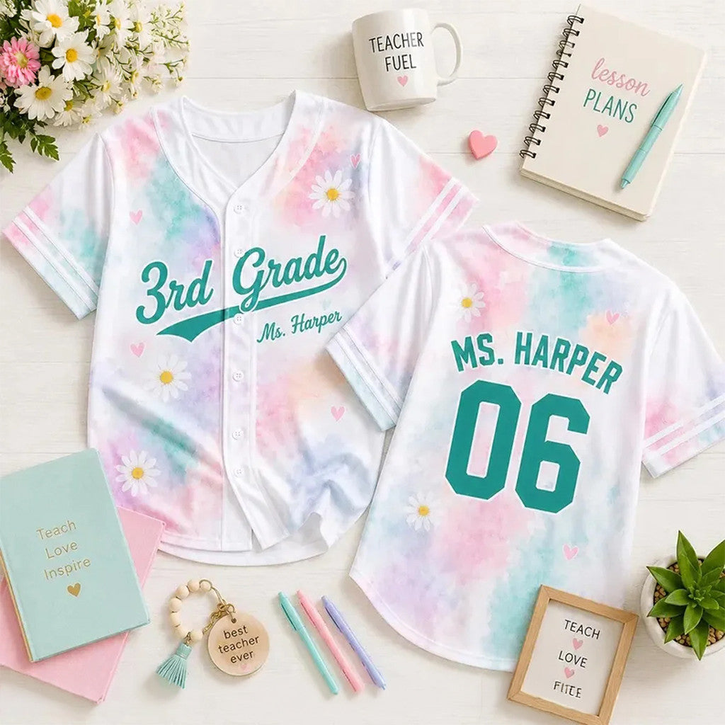 Custom 3rd Grade Teacher Tie Dye Baseball Jersey Back To School Shirt Gift Ideas For Teachers - Merchluma