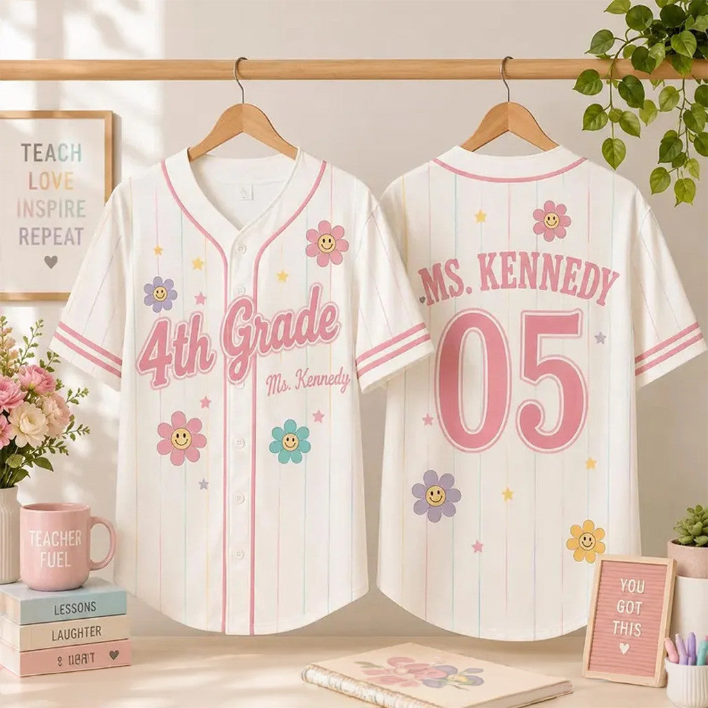 Custom 4th Grade Teacher Florals Baseball Jersey Back To School Shirt Teacher Apparel Her Gifts - Merchluma