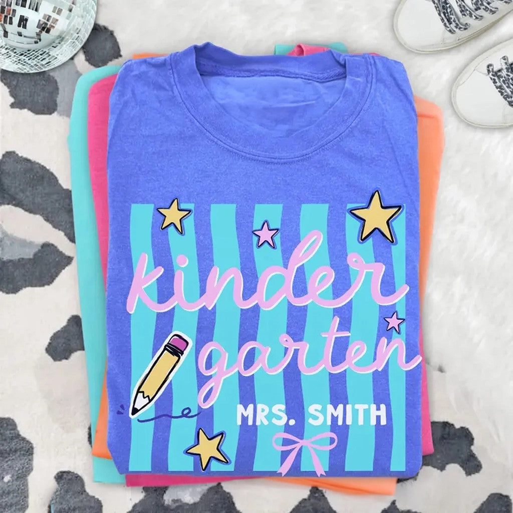 Custom Kindergarten Teacher Shirt Retro Stripe Kindergarten Team T-Shirt Back To School Shirt - Merchluma