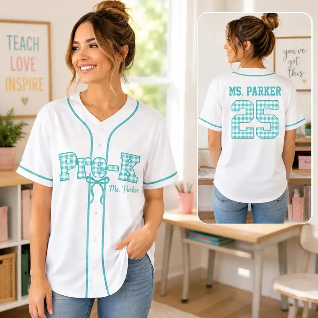 Custom Pre-School Teacher Baseball Jersey Coquette Gingham Bow Back To School Shirt Teacher Gifts - Merchluma
