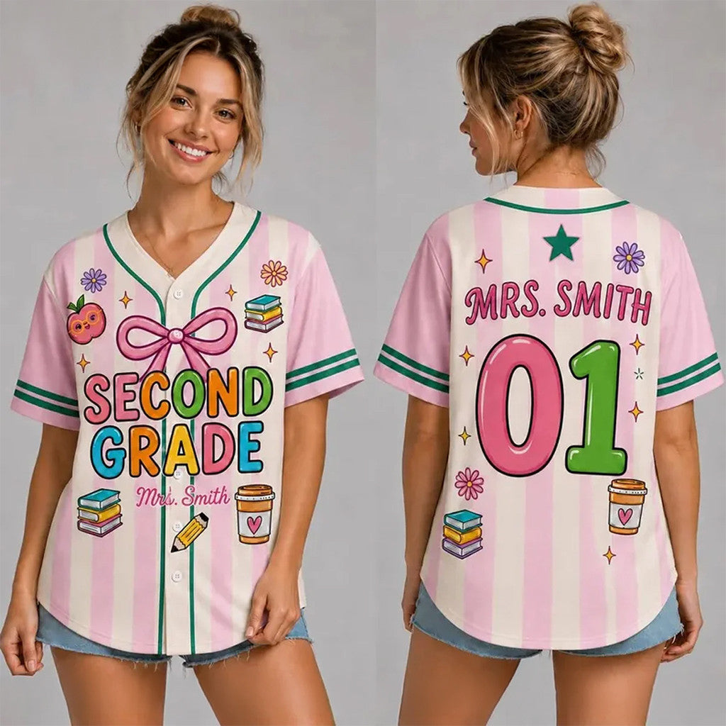 Custom Second Grade Teacher Pink Pinstripe Baseball Jersey Back To School Teacher Outfit Gift - Merchluma