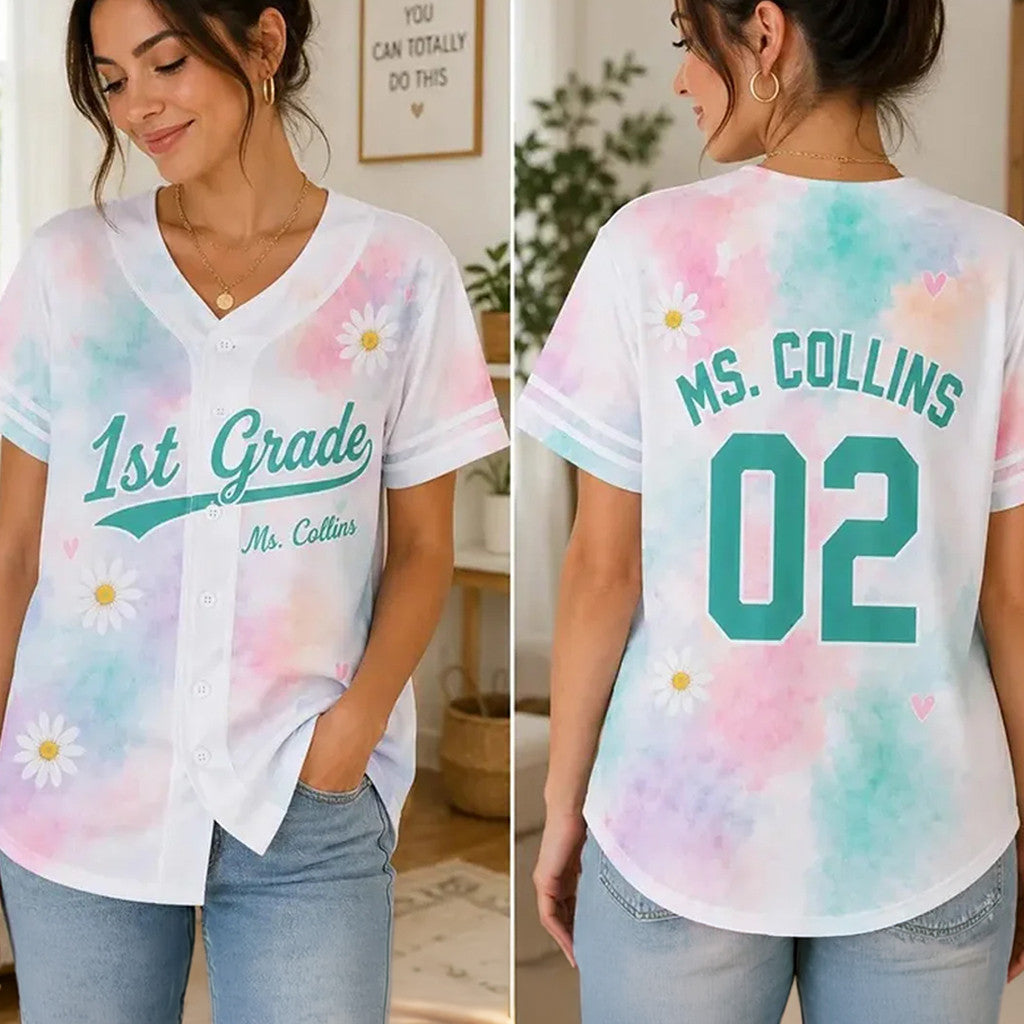 Custom 1st Grade Teacher Tie Dye Baseball Jersey Back To School Shirt Teacher Apparel - Merchluma