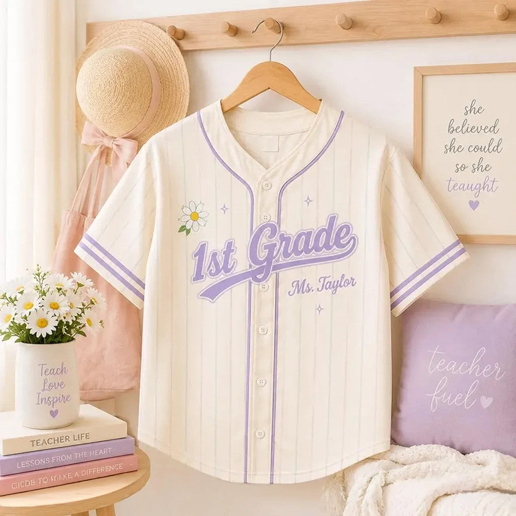 Custom 1st Grade Teacher Floral And Stripes Baseball Jersey Back To School Shirt Teacher Gifts - Merchluma