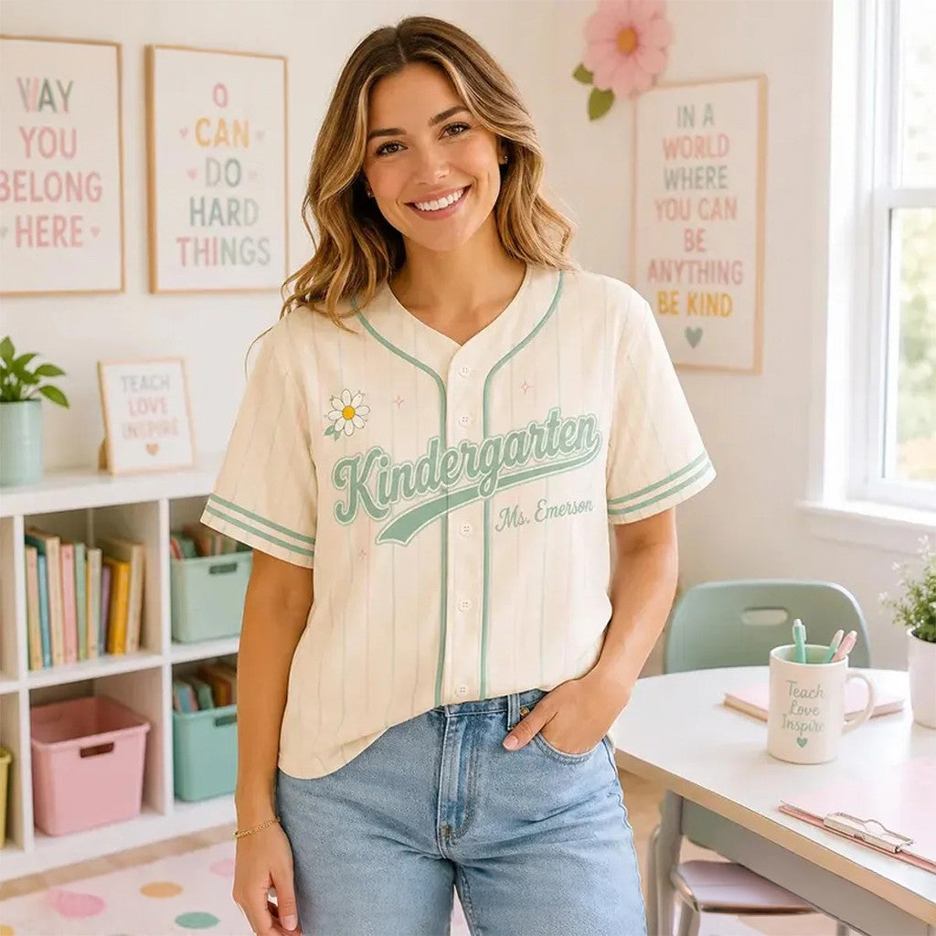 Custom Kindergarten Teacher Floral And Stripes Baseball Jersey Back To School Shirt Teacher Merch - Merchluma