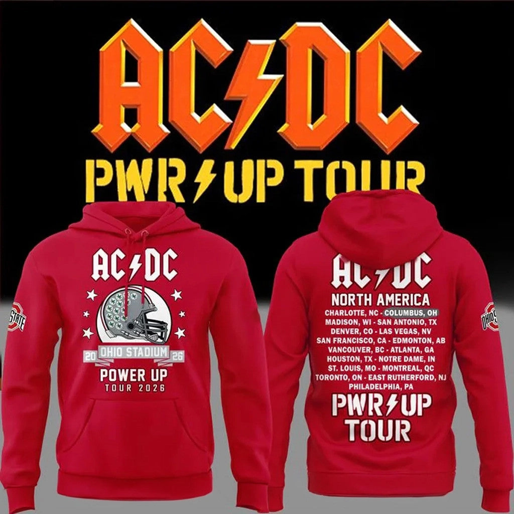 ACDC Power Up Tour 2026 Ohio Stadium Hoodie ACDC x Ohio State Buckeyes Merch Red Fan Gear - Merchluma