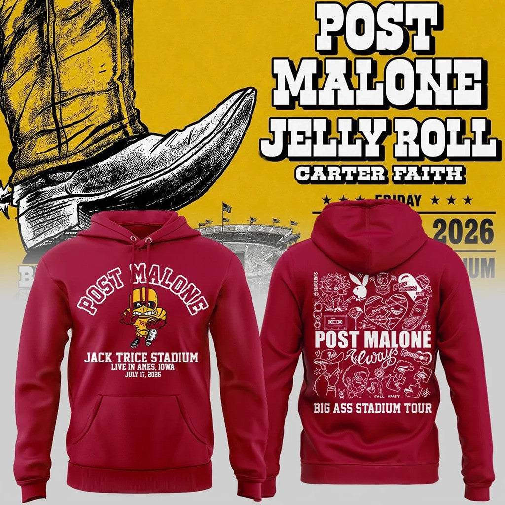 Iowa State Cyclones x Post Malone Big Ass Stadium Tour 2026 Hoodie Red Cyclones Merch Fan Gifts - Merchluma