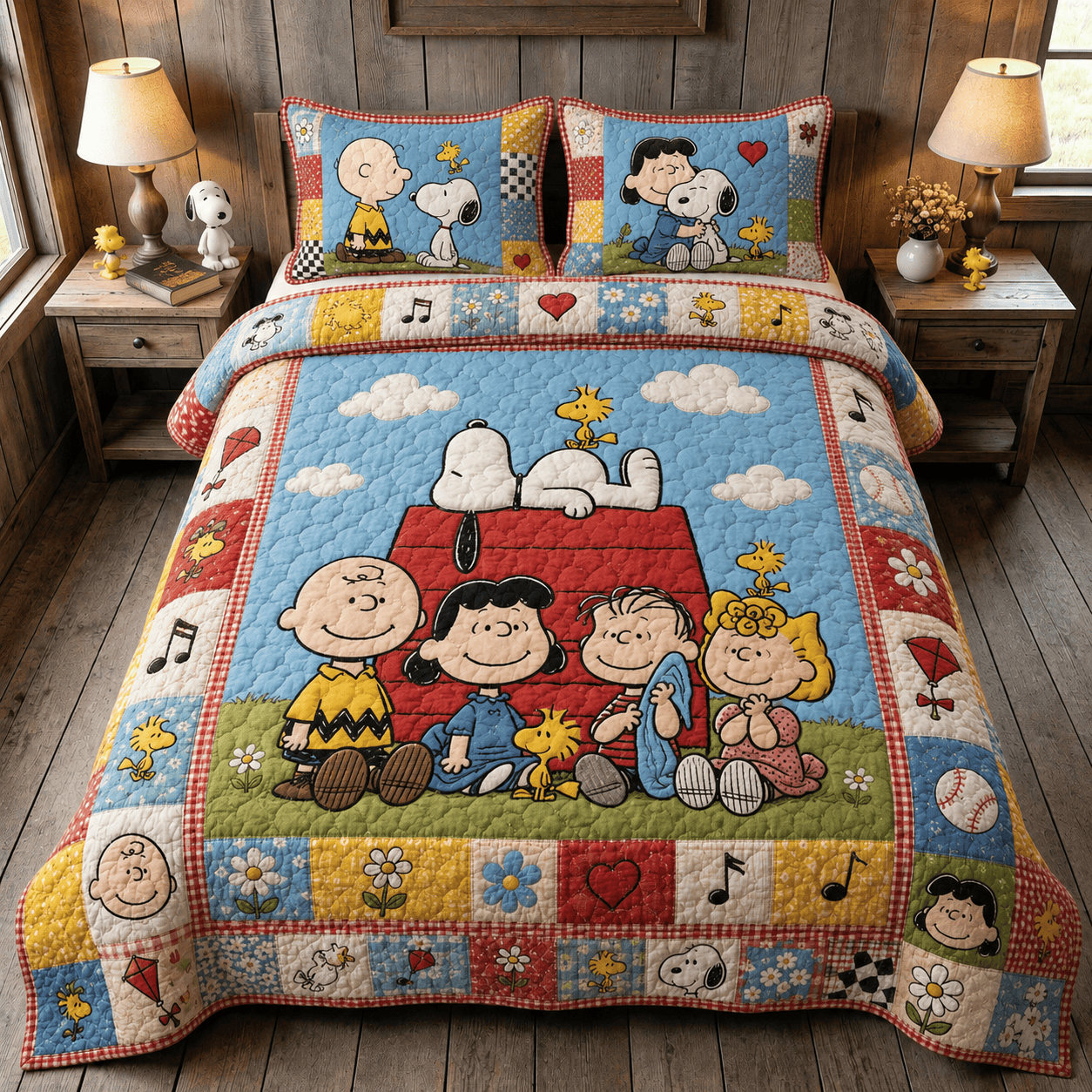 Snoopy Peanuts And Friends Quilt Bedding Set Cartoon Lovers Duvet Set Bedroom Decor - Merchluma
