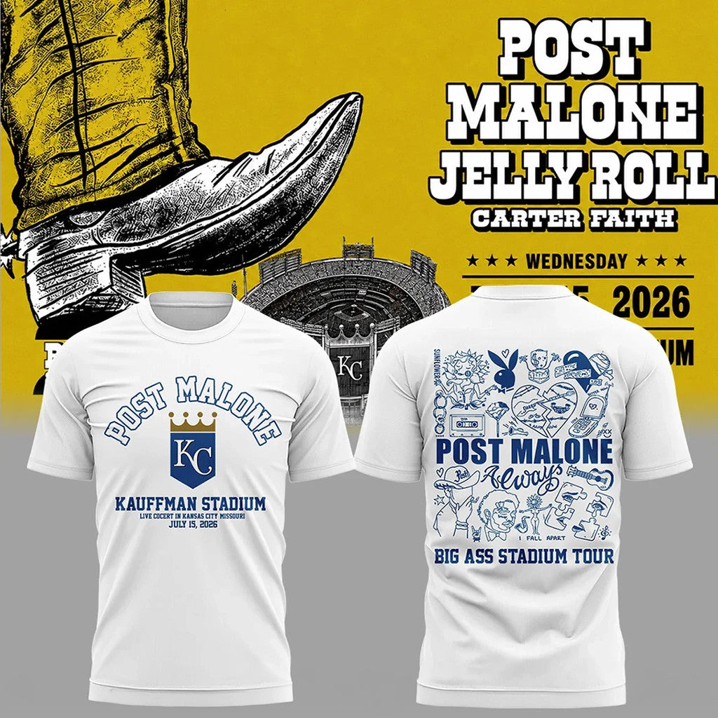 KC Royals X Post Malone The Big Ass Stadium Tour 2026 Shirt Kansas City Royals Merch White - Merchluma