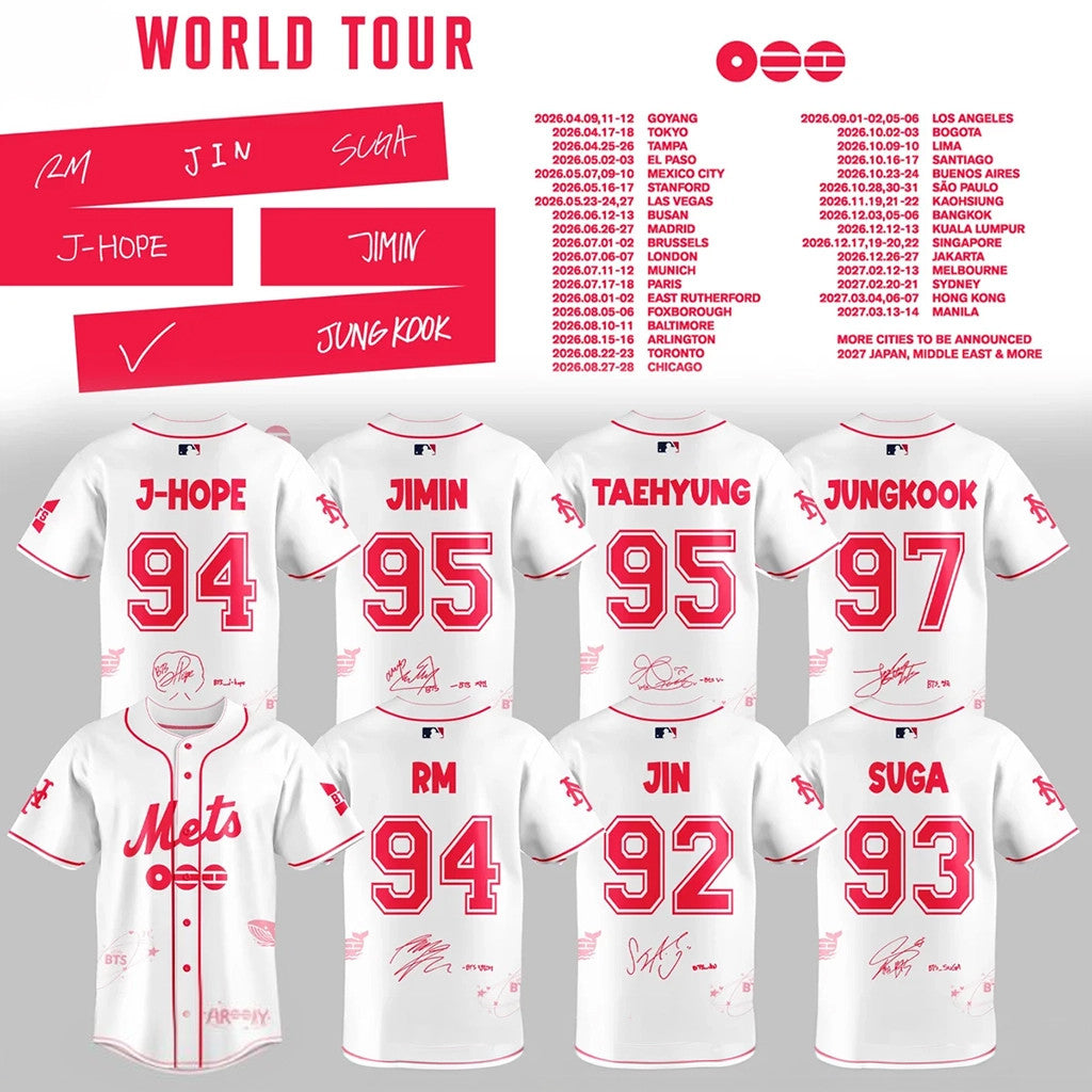 New York Mets X BTS World Tour 2026 Baseball Jersey White NY Mets Merch Kpop Fan Gifts - Merchluma