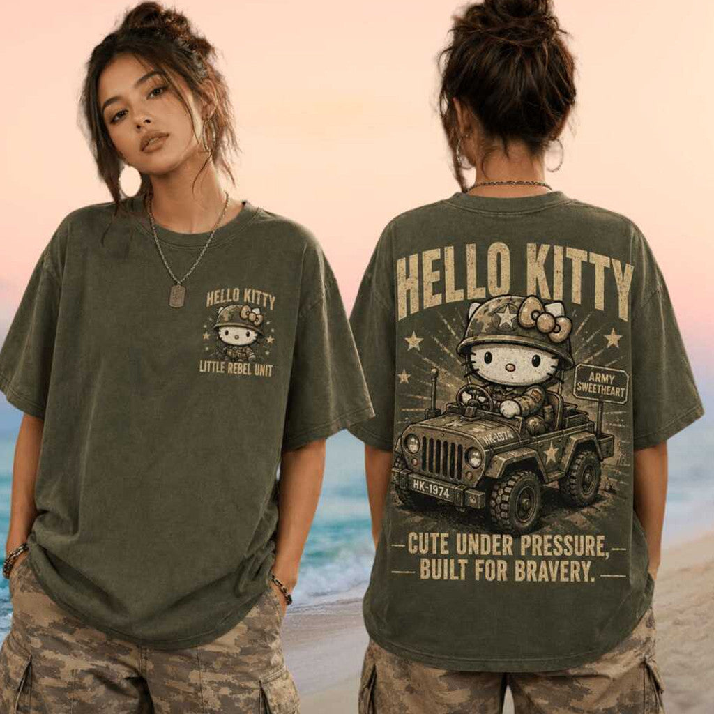 Hello Kitty Military Army Little Rebel Unit T-Shirt Cute Under Pressure Built For Bravery Shirt - Merchluma