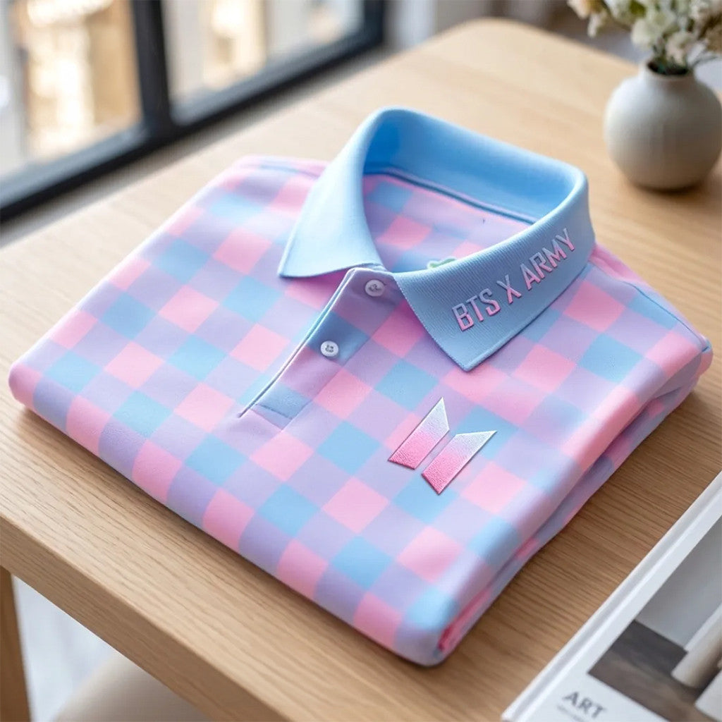 BTS X ARMY Plaid Pastel Polo Shirt BTS Merch Birthday Present For Him - Merchluma