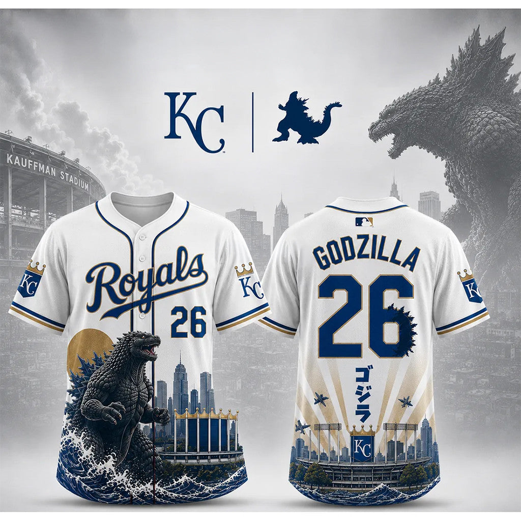 Kansas City Royals X Godzilla Minus One Baseball Jersey Kansas City Royals Merch Gift - Merchluma