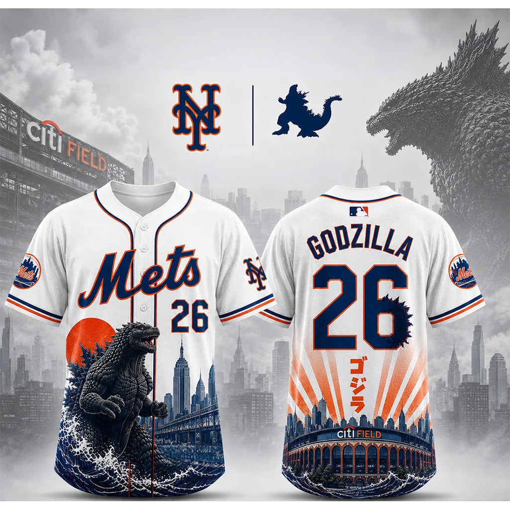 New York Mets X Godzilla Minus One Baseball Jersey New York Mets Merch Best Gifts For Husband - Merchluma