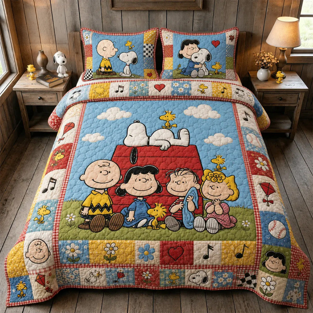 Peanuts Character Patchwork Pattern Quilt Bedding Set Peanuts Merch Birthday Gifts For Him - Merchluma