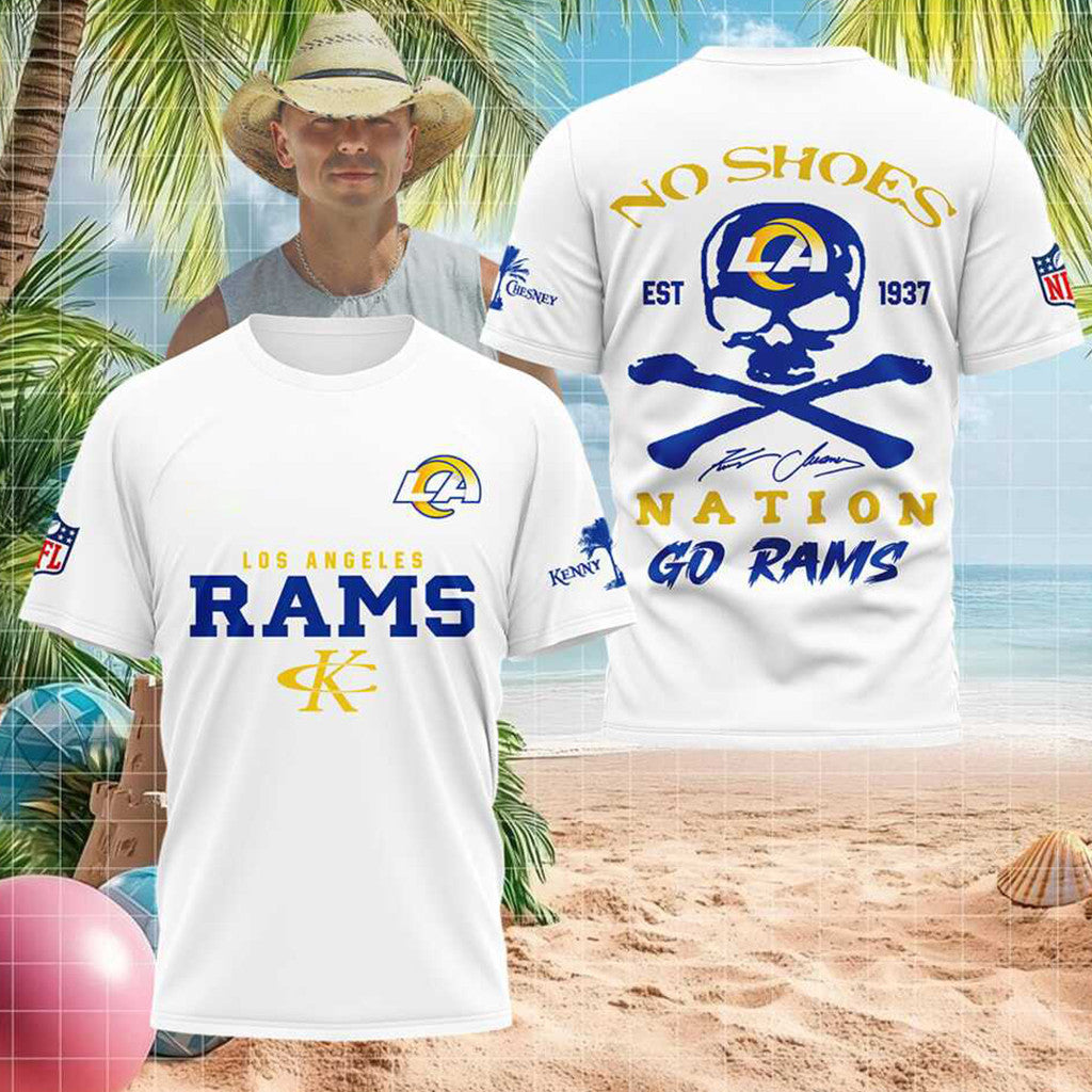 Los Angeles Rams Skull No Shoes Nation Kenny Chesney Shirt LA Rams Merch Gift For Football Fans - Merchluma