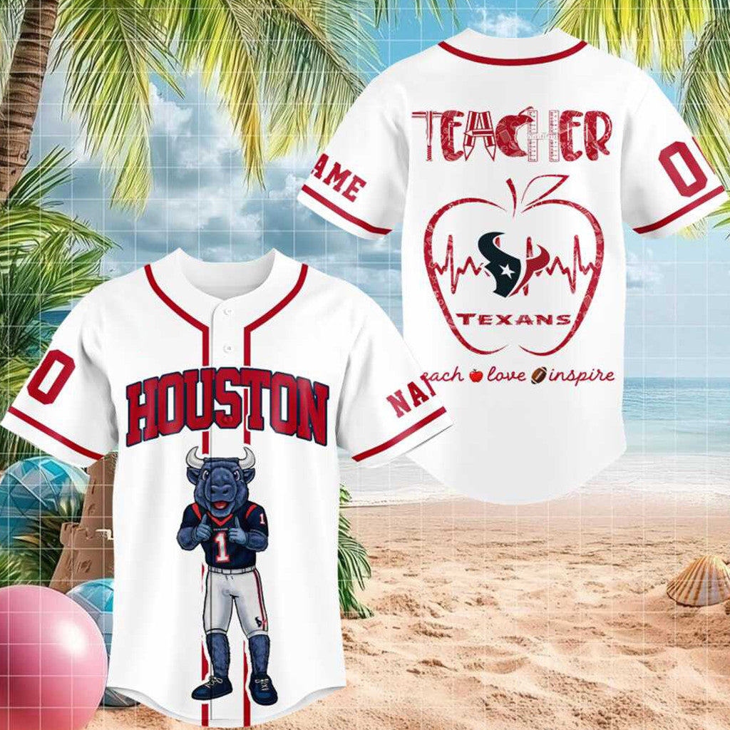 Custom Houston Football Bull Mascot Teacher Apple Heartbeat Baseball Jersey Texans Merch 2026 - Merchluma