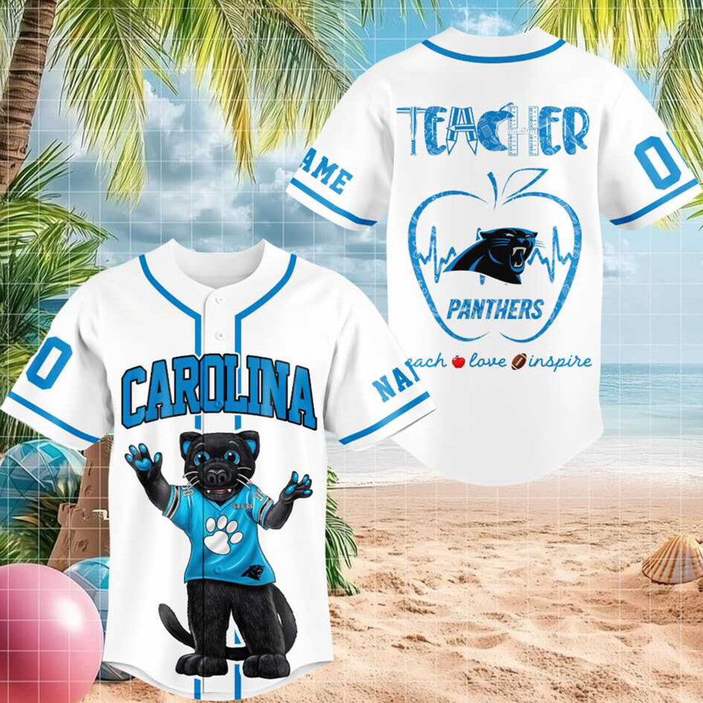 Customized Carolina Panthers Teacher Mascot Football Heartbeat Baseball Jersey Panthers Merch - Merchluma