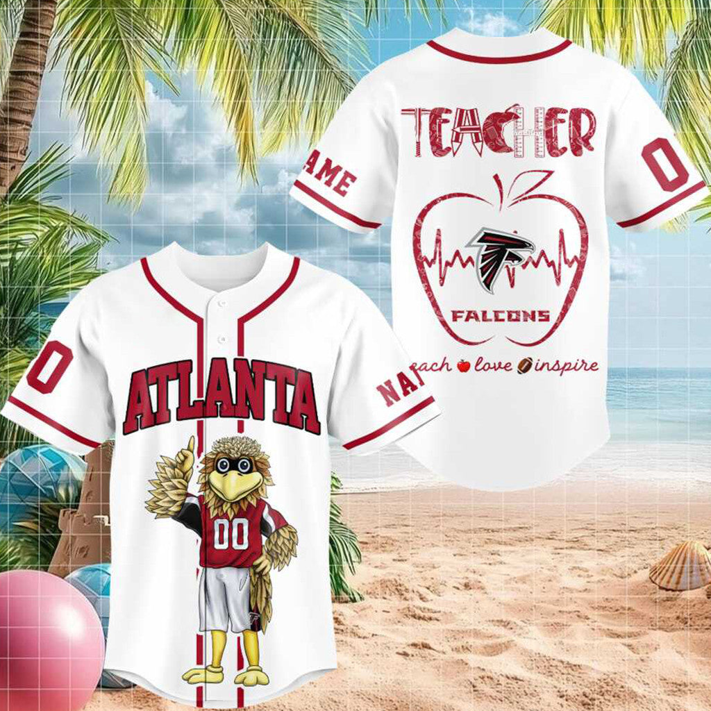 Personalized Atlanta Football Mascot Teacher Heartbeat Baseball Jersey Atlanta Falcons Merch - Merchluma