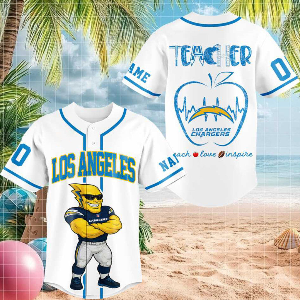 Personalized Los Angeles Chargers Mascot Teacher Heartbeat Baseball Jersey Chargers Merch 2026 - Merchluma