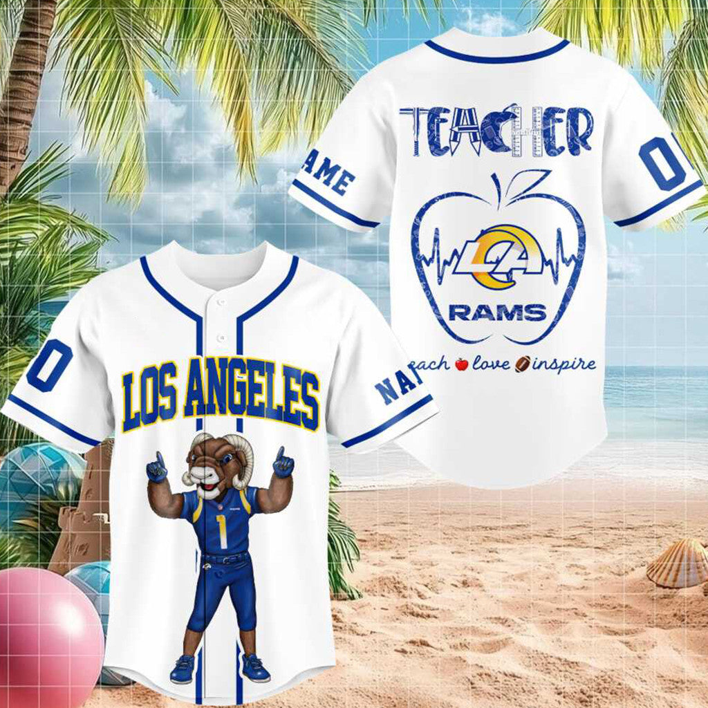 Personalized Los Angeles Rams Mascot Teacher Heartbeat Baseball Jersey LA Rams Merch 2026 - Merchluma