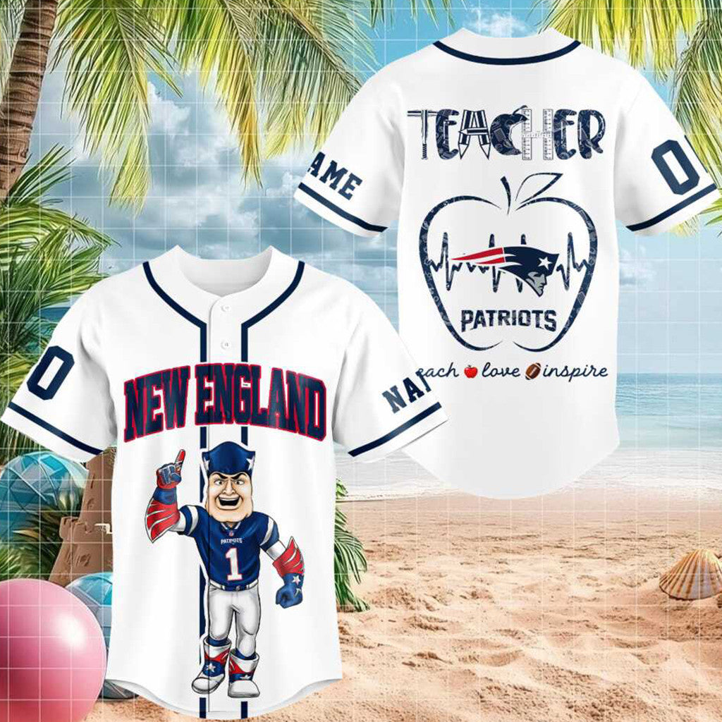 Personalized New England Patriots Mascot Teacher Heartbeat Baseball Jersey 2026 Patriots Merch - Merchluma