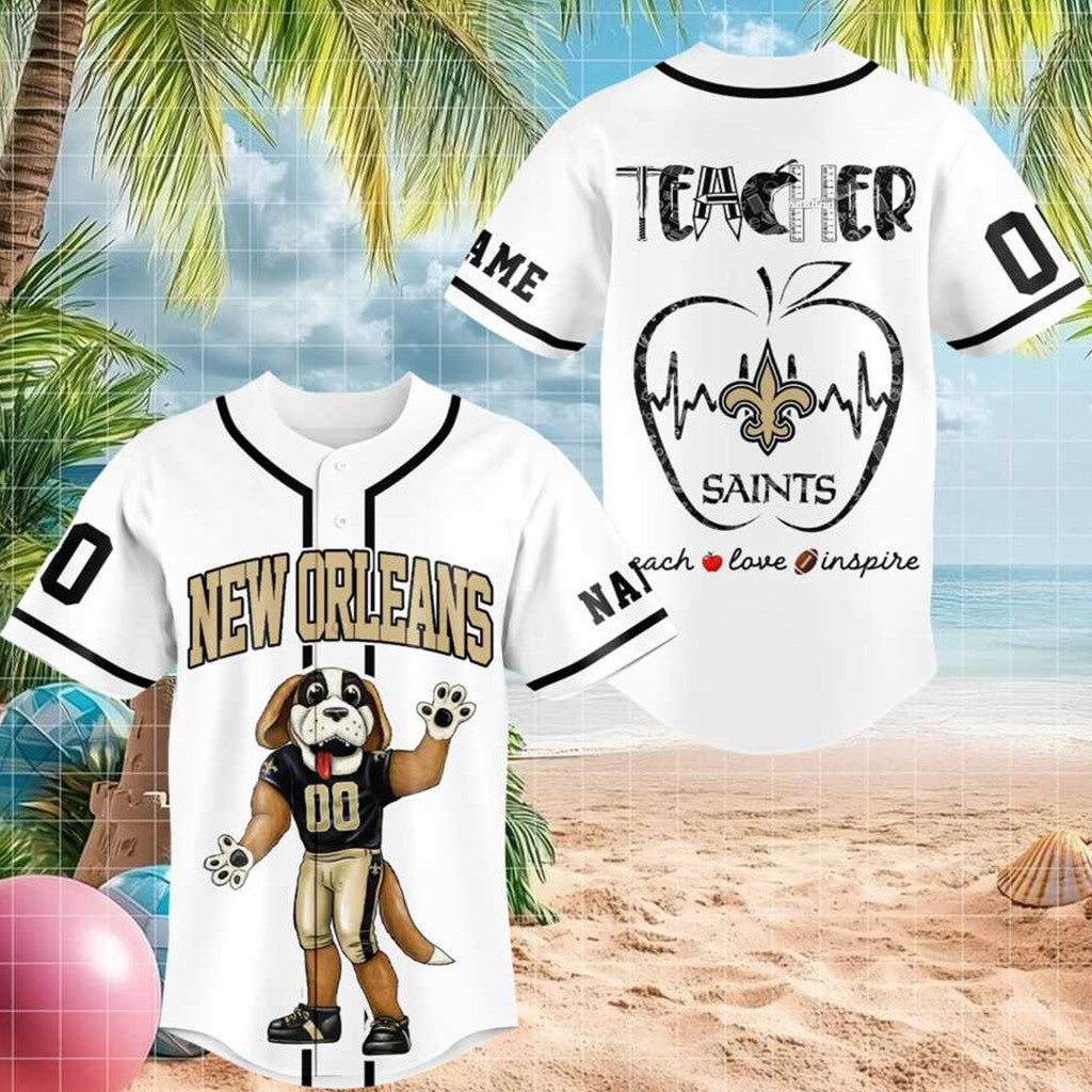 Personalized New Orleans Saints Mascot Dog Teacher Heartbeat Baseball Jersey 2026 Saints Merch - Merchluma