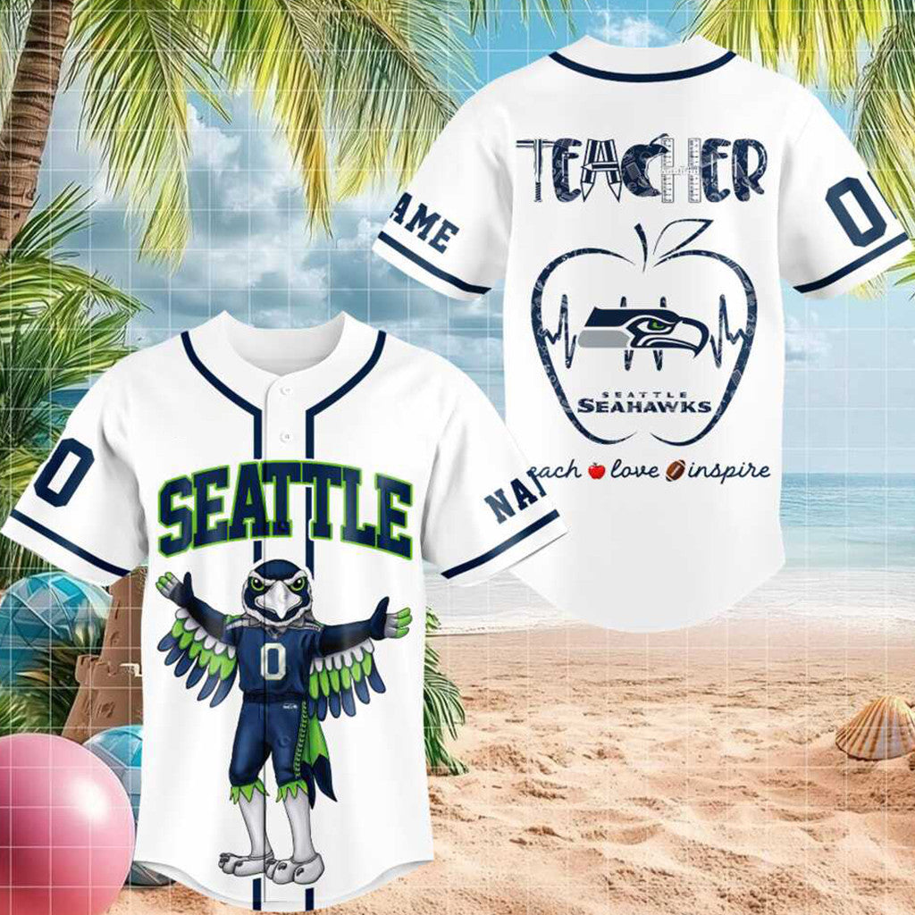 Personalized Seattle Football Hawk Mascot Teacher Apple Heartbeat Baseball Jersey Seahawks Merch - Merchluma