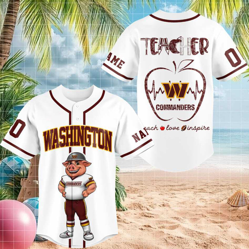 Personalized Washington Football Mascot Teacher Apple Heartbeat Baseball Jersey Commanders Merch - Merchluma
