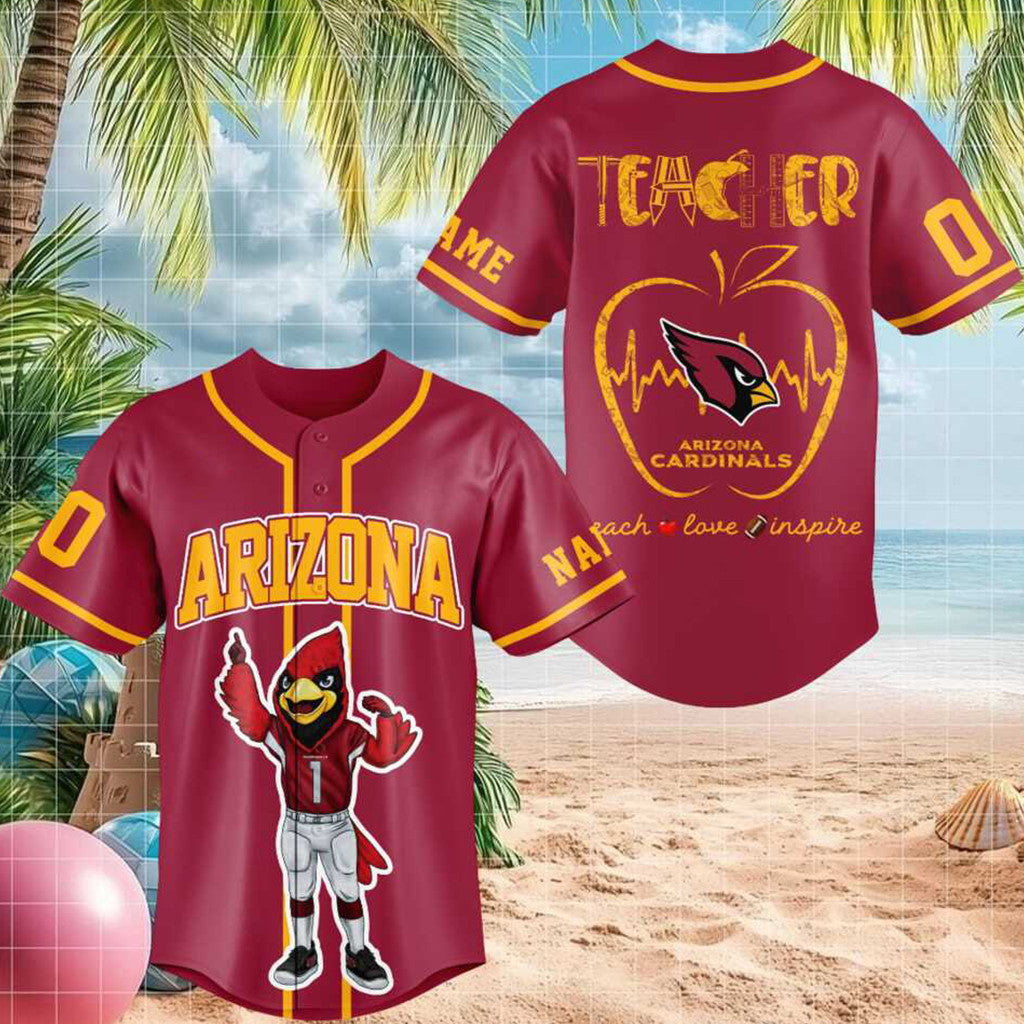 Personalized Arizona Cardinal Mascot Teacher Heartbeat Baseball Jersey Fan Merch Teacher Gifts - Merchluma