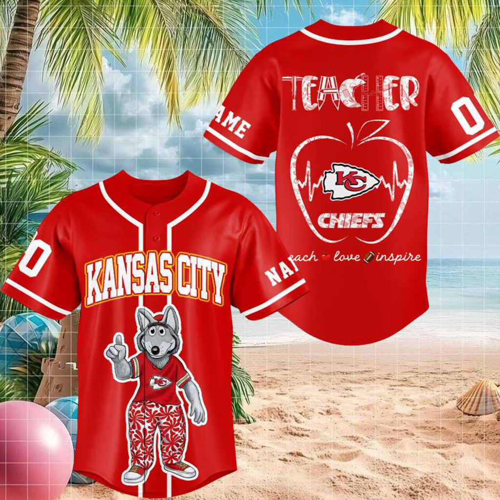 Personalized Kansas City Chiefs Wolf Mascot Teacher Heartbeat Baseball Jersey Chiefs Merch 2026 - Merchluma