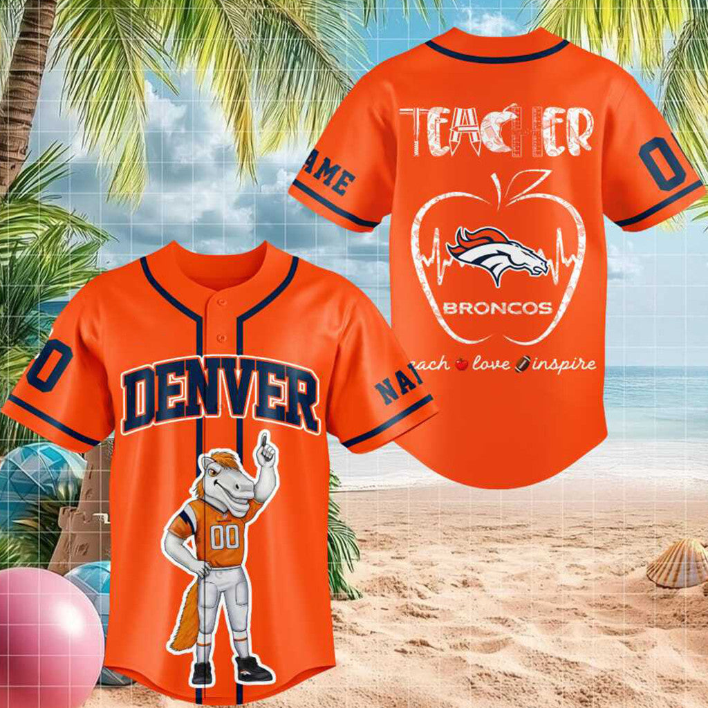 Customized Denver Football Mascot Teacher Apple Heartbeat Baseball Jersey Broncos Merch Gifts - Merchluma