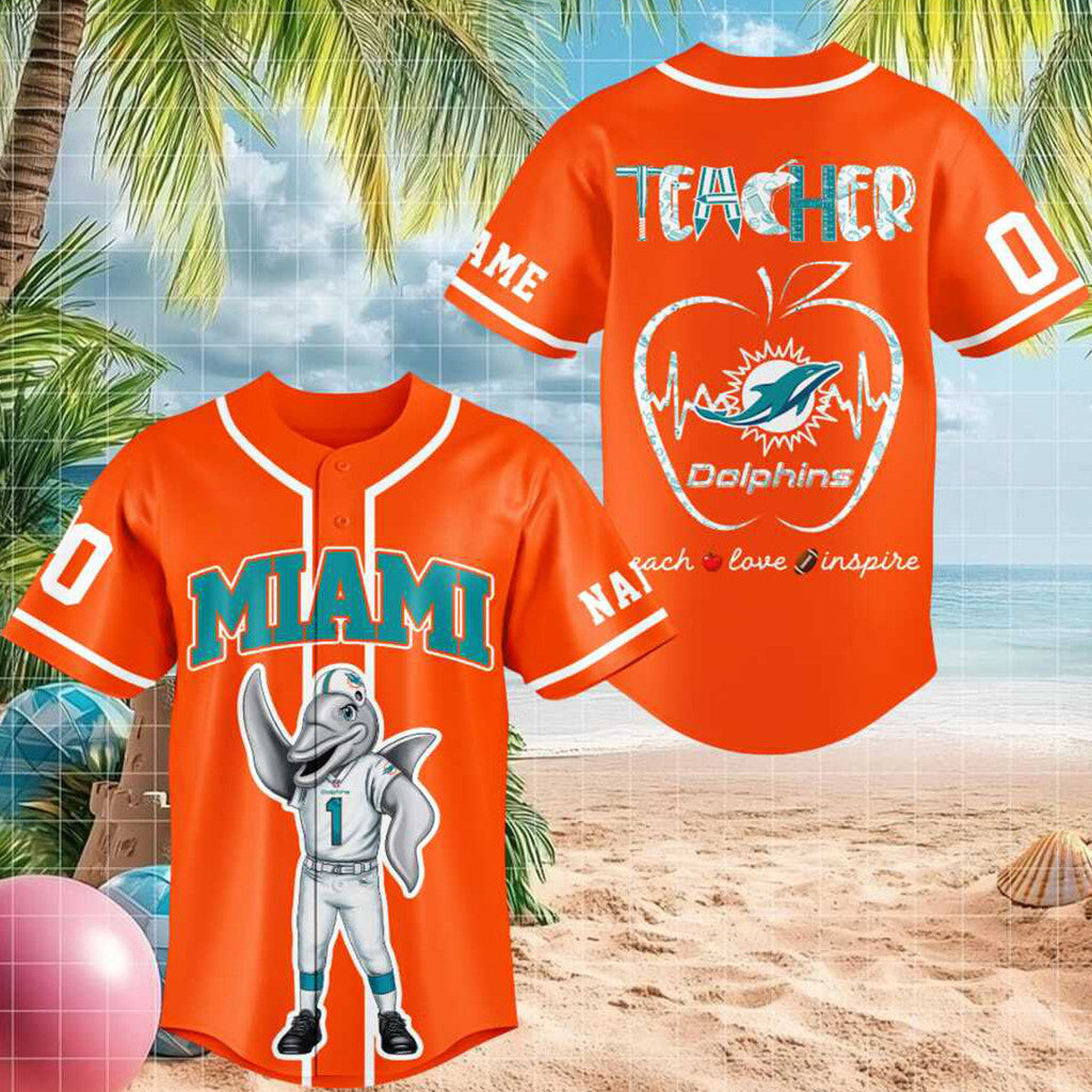 Customized Miami Football Dolphin Mascot Teacher Apple Heartbeat Baseball Jersey Dolphins Merch - Merchluma
