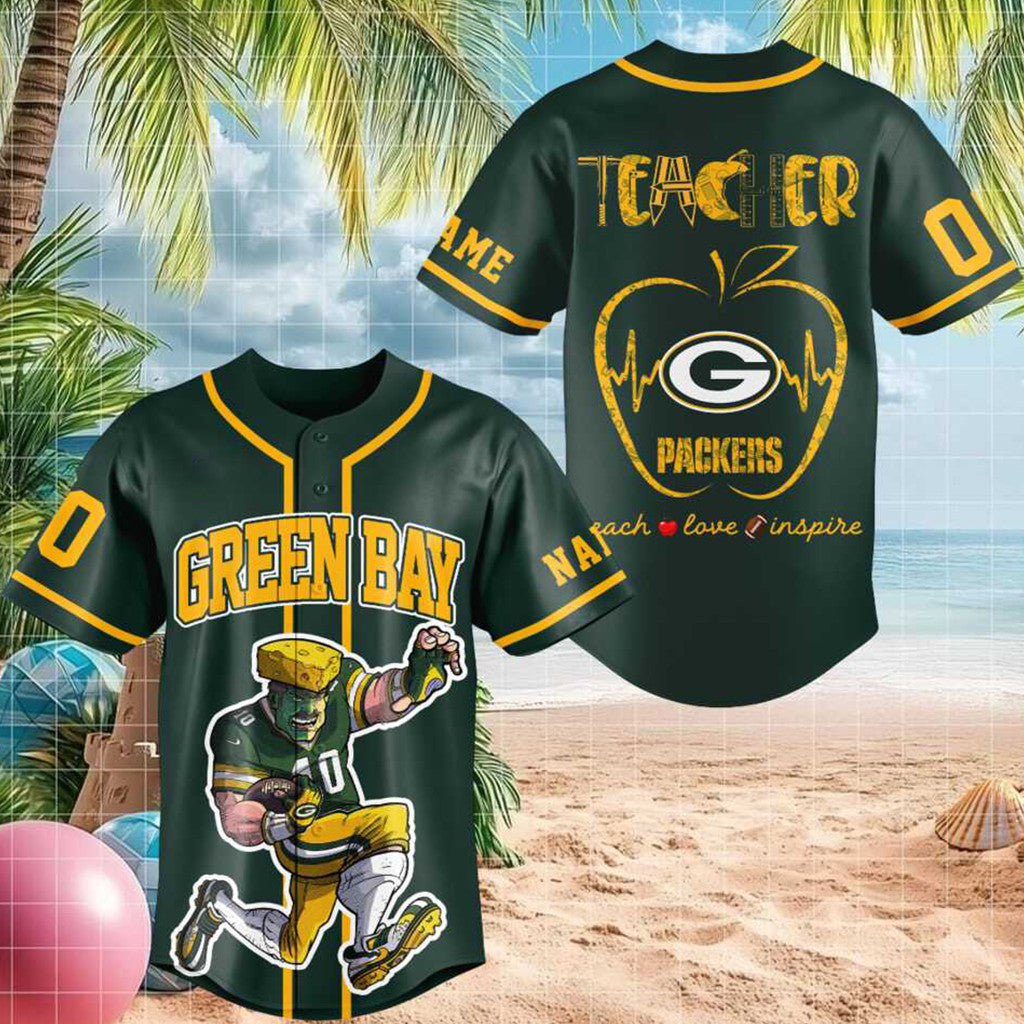 Custom Green Bay Packers Mascot Cheesehead Teacher Heartbeat Baseball Jersey Packers Merch 2026 - Merchluma