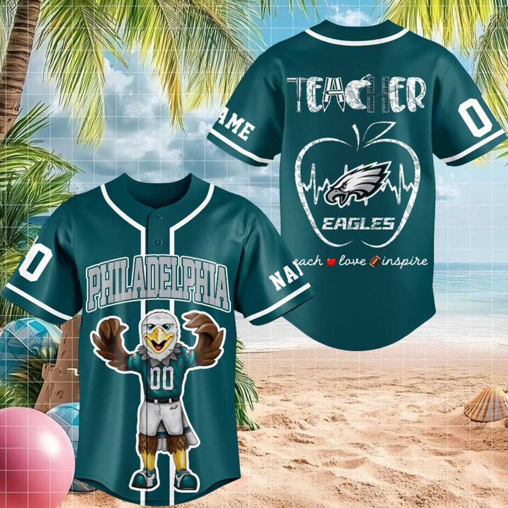 Personalized Philadelphia Eagles Mascot Teacher Heartbeat Baseball Jersey Eagles Merch 2026 - Merchluma
