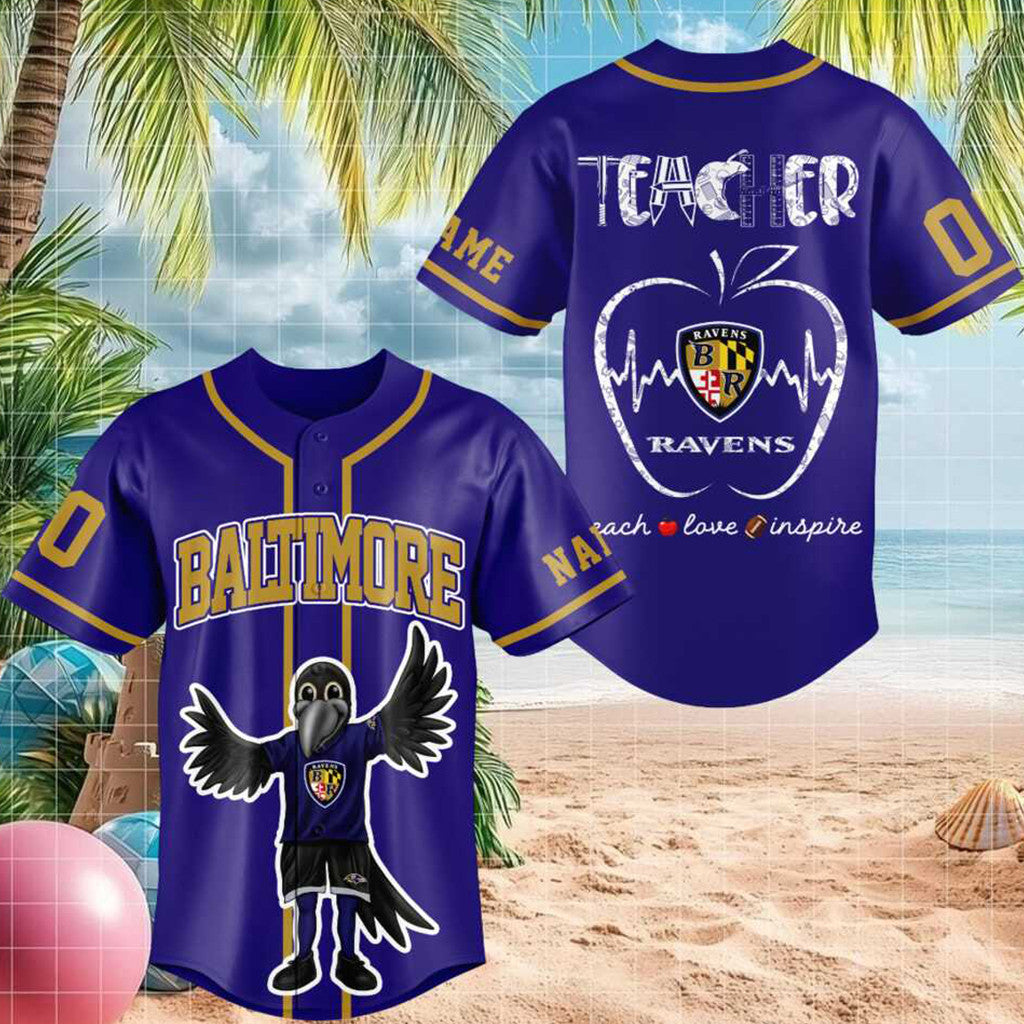 Customized Baltimore Ravens Mascot Teacher Heartbeat Baseball Jersey Ravens Merch Fan Gifts - Merchluma