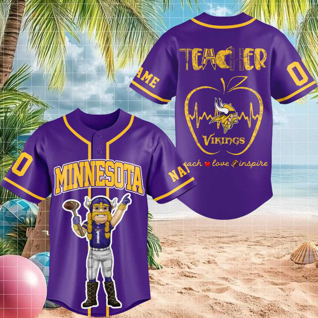 Personalized Minnesota Vikings Mascot Teacher Heartbeat Baseball Jersey 2026 MN Vikings Merch - Merchluma