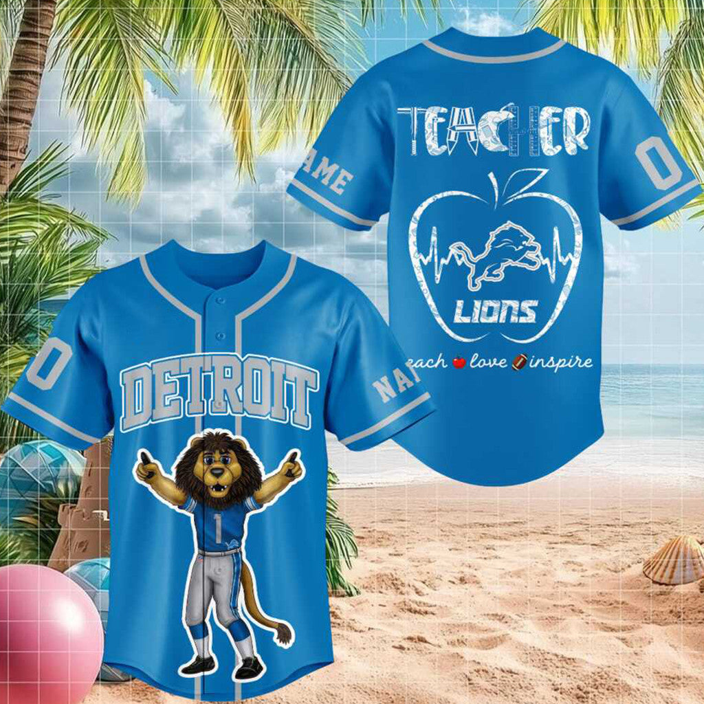 Customized Detroit Lions Mascot Teacher Heartbeat Baseball Jersey 2026 Detroit Lions Merch - Merchluma