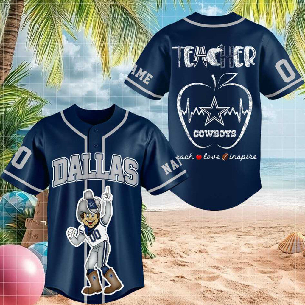 Personalized Dallas Cowboys Mascot Teacher Heartbeat Baseball Jersey Dallas Football Merch - Merchluma