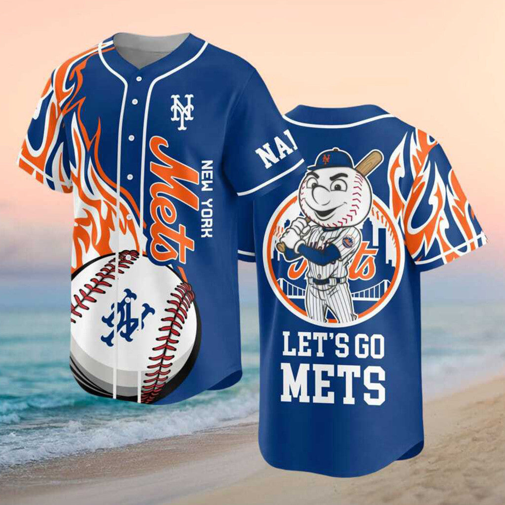 Personalized New York Mets Merch 2026 Let's Go Mets Flaming Baseball Jersey Present For Husband - Merchluma