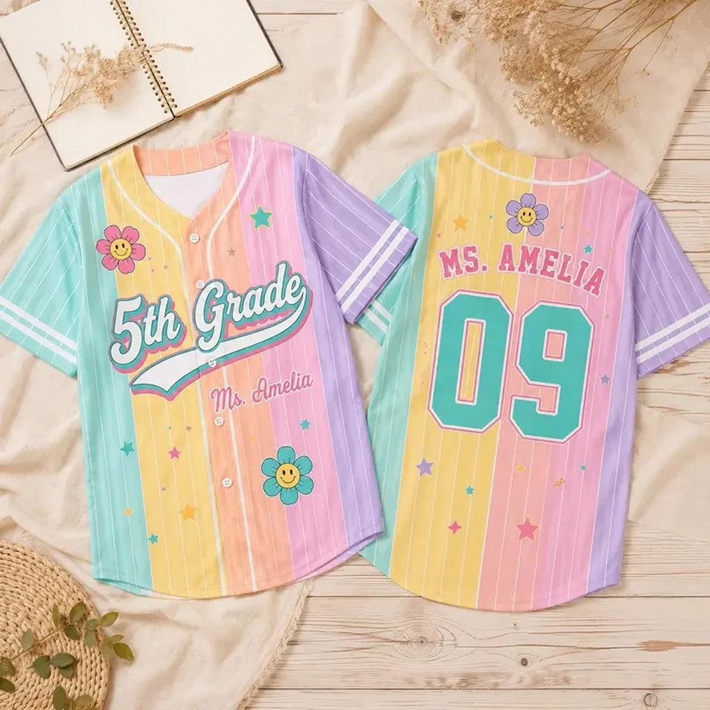 Personalized Grade Level Name Baseball Jersey Pastel Rainbow Jersey Gift For Teachers - Merchluma