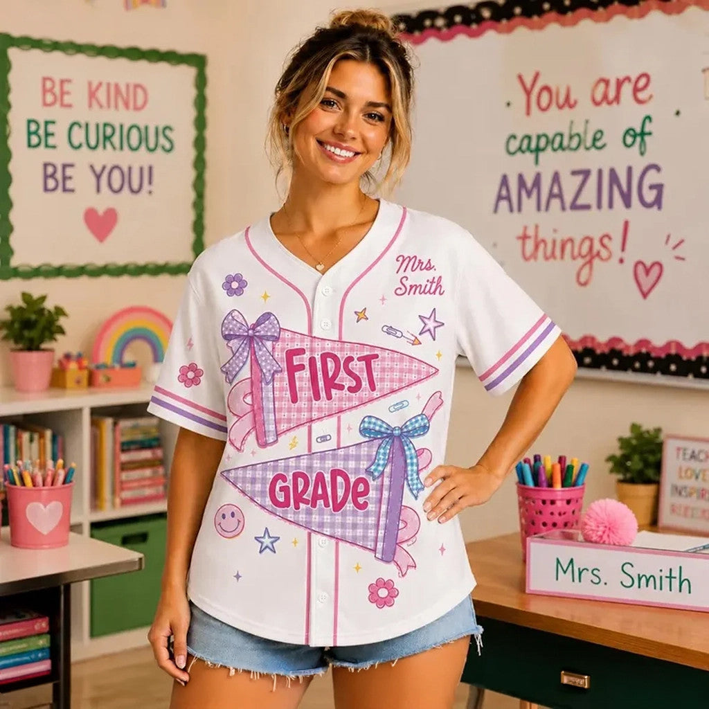 Personalized Grade Level Teacher Jersey Cute Bow Jersey Back To School Teacher Gifts - Merchluma