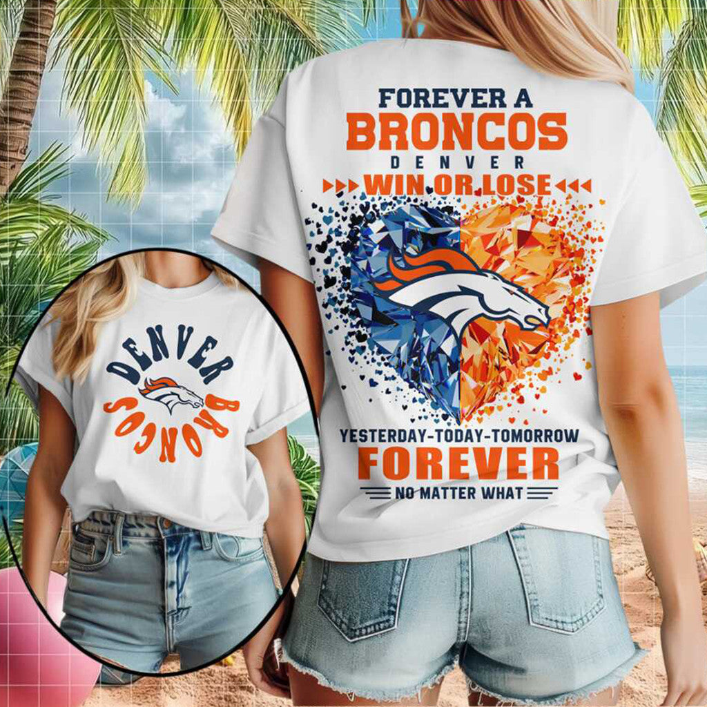 Denver Broncos Football Team Logo Heart Crystal Forever T-Shirt Game Day Apparel Fan Gifts - Merchluma