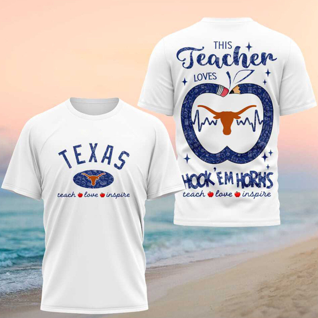 Texas Longhorns Teach Love Inspire 2026 Teacher Shirt Texas Longhorns Merch Football Fan Gifts - Merchluma