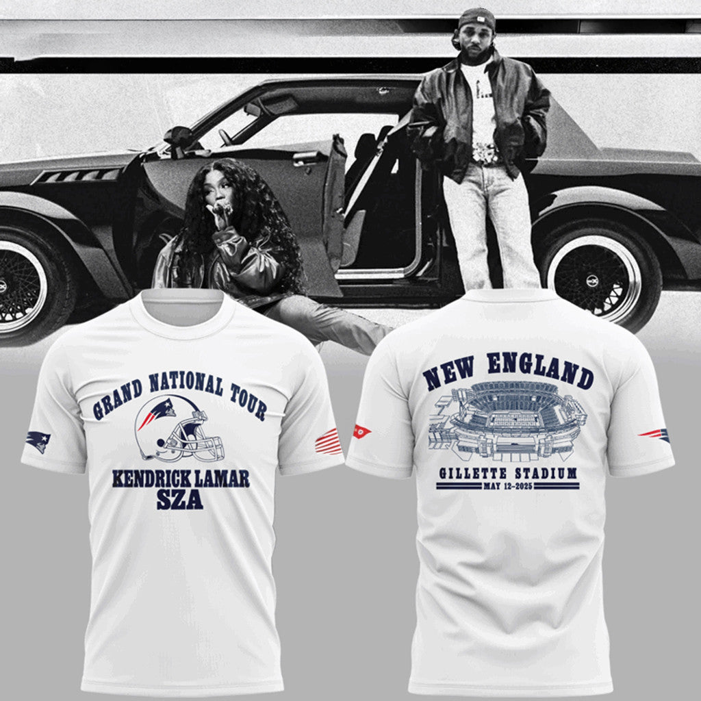Grand National Tour X New England Patriots White Shirt Kendrick Lamar SZA Merch Gift For Fans - Merchluma