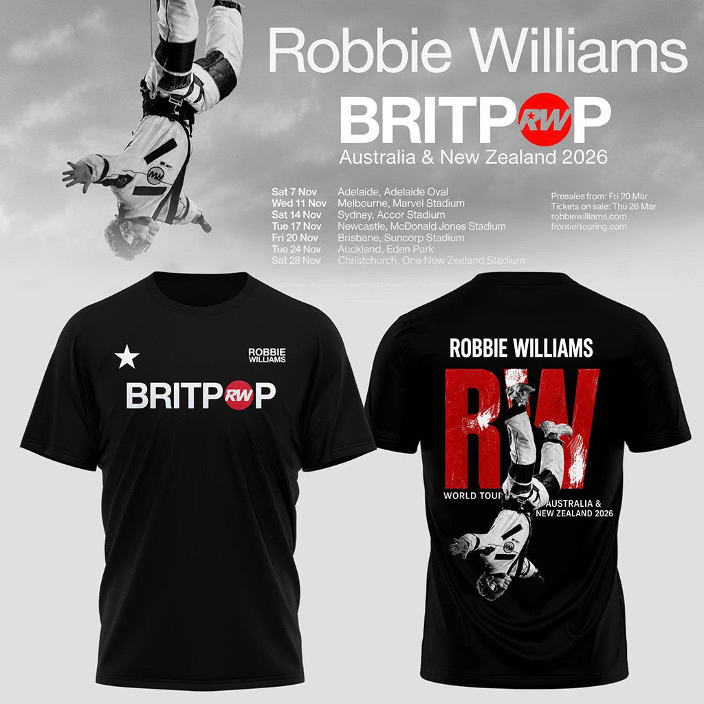 Robbie Williams Merch 2026 Britpop World Tour 2026 T-Shirt Black Music Gift Ideas For Guys - Merchluma
