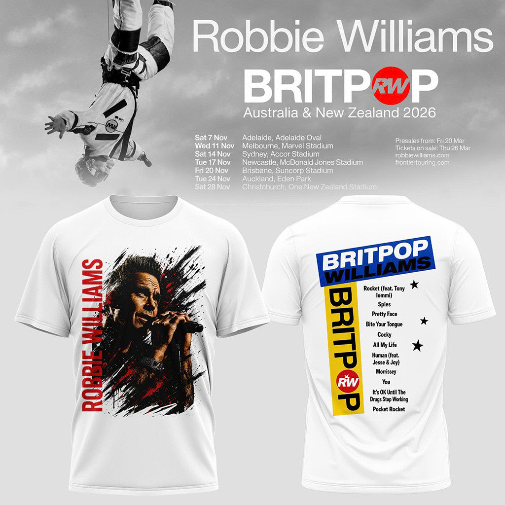 Robbie Williams Merch 2026 Britpop World Tour T-Shirt White Gift Ideas For Music Lovers - Merchluma