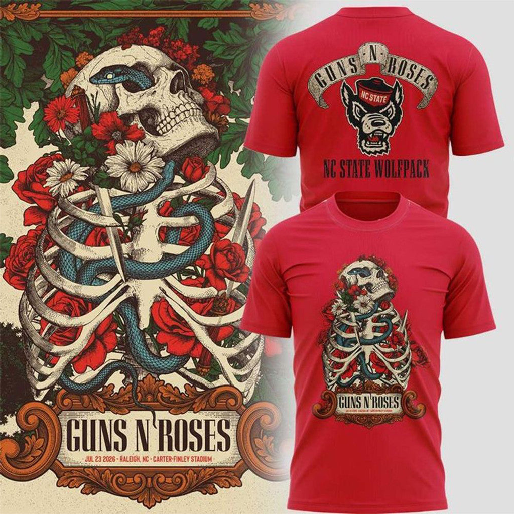 Guns N' Roses X NC State Wolfpack Football Red Shirt GNR Merch Gift For Band Fans - Merchluma
