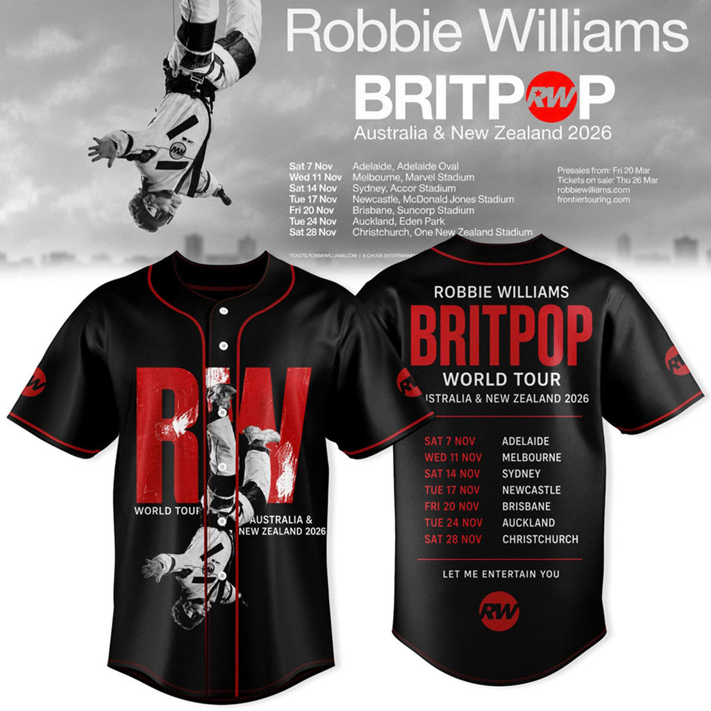 Robbie Williams Merch 2026 Britpop Australia And New Zealand Tour 2026 Baseball Jersey Black - Merchluma